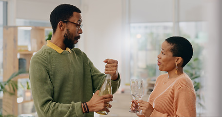 Image showing Champagne bottle, drinks glass and black couple celebrate marriage union, anniversary date or honeymoon. Romantic partner, home wine and African man, woman or people with liquid alcohol beverage