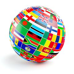 Image showing 3D globe sphere with flags of the world on white