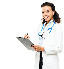 Image showing Keeping track of your vitals. a young african doctor checking hr medical charts against a studio background.