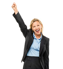 Image showing Reaching for her goals. a mature businesswoman cheering against a studio background.