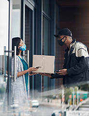 Image showing We care for your safety so lets keep the distance. a masked young woman receiving a delivery at home.