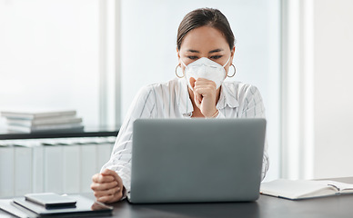 Image showing Companies and humanity, we’re all just trying to survive. a masked young businesswoman coughing while working at her desk in a modern office.