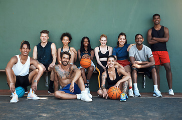 Image showing A team full of talent. Portrait of a group of sporty young people taking a break after a game of basketball.