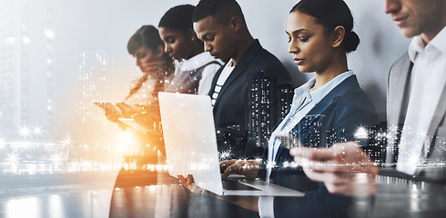 Image showing Theyve got connections in the industry. a group of young businesspeople waiting in line for their interviews.