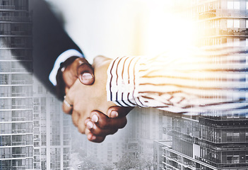 Image showing Lets make this partnership work. Closeup shot of two businesspeople shaking hands in an office.