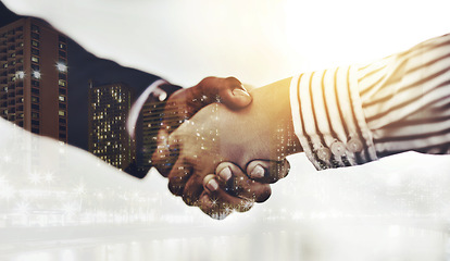 Image showing When opportunity presents itself, grab it. Closeup shot of two unrecognizable businesspeople shaking hands in an office.