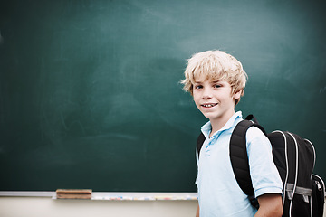 Image showing Hes open to so many new ideas. Portrait of a smiling young boy standing alongside copyspace at a blackboard.