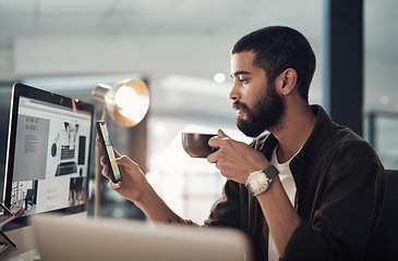 Image showing Coffee served with a side of social media. a young businessman having coffee and using a smartphone during a late night in a modern office.