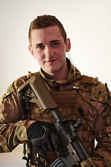 Image showing Modern warfare soldier portrait in urban environment