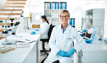 Image showing Remarkable discoveries are made right here. Portrait of a mature scientist working in a lab with her colleague in the background.