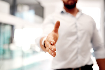 Image showing Id love to do business with you. Closeup shot of an unrecognisable businessman extending a handshake.