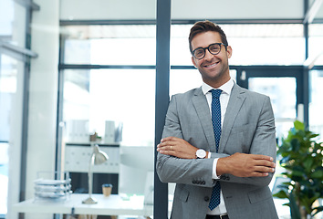 Image showing I started, builded and run this successful company. Portrait of a well-dressed businessman standing in his office.