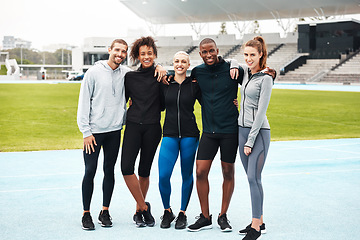 Image showing Sore today but stronger tomorrow. Full length portrait of a diverse group of athletes standing together and smiling after an outdoor team training session.