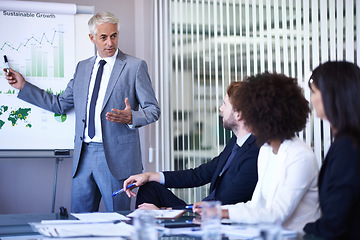 Image showing Business discussions. A cropped view of a businessman giving a presentation to his coworkers.