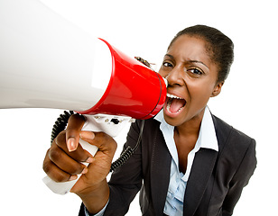 Image showing Take a stand, make a change. Studio shot of a young businesswoman using a megaphone against a white background.