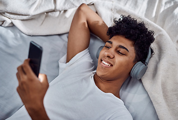Image showing All I need to survive lockdown. a young man using a smartphone and headphones while relaxing on his bed at home.