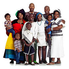 Image showing One big happy family. Studio shot of a traditional african family isolated on white.