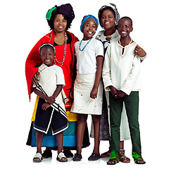 Image showing As close as family can be. Studio shot of two traditional african women with their children against a white background.