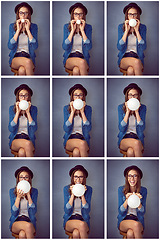 Image showing Embrace your fun side. Composite shot of a fun-loving young woman blowing up a balloon in studio.