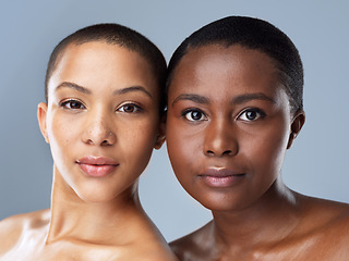 Image showing We are very much the same. Portrait of two beautiful young women standing close to each other against a grey background.