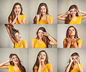 Image showing Express yourself. Composite shot of an attractive young woman posing against a grey background.