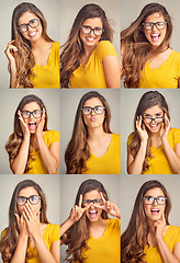 Image showing React to that. Composite shot of an attractive young woman posing against a grey background.