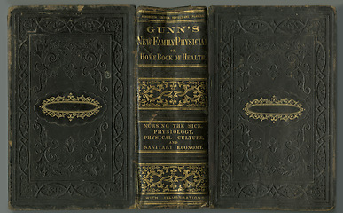 Image showing Weathered and worn. An antique book open with its cover facing upwards.