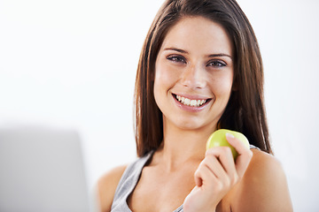 Image showing Smile, portrait and woman nutritionist with apple in studio for wellness, diet or eating plan on white background. Weight loss, face and female health influencer with blog survey, help or menu guide