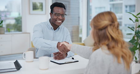 Image showing Handshake, contract and consulting with lawyer and client for planning, signature or deal. Financial advisor, legal documents and agreement with black man and woman in law firm for life insurance