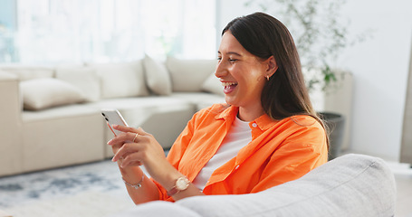 Image showing Woman, relax on couch with smartphone and funny meme online with social media, communication and app at home. Comedy on the internet, laughing at chat and scroll website, reading blog and watch video