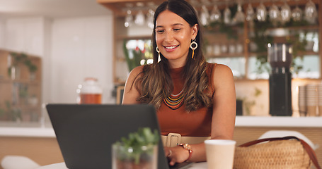 Image showing Woman, laptop and typing in coffee shop, smile and remote work for copywriting, woman and morning. Computer, person and cafe with click, thinking or research for freelance content creation on website