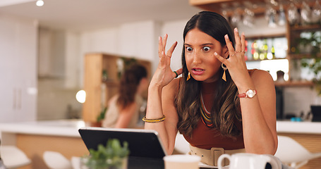 Image showing Woman, angry and stress with laptop in coffee shop with remote work for copywriting, glitch and error. Computer, person and cafe with mistake, virus or 404 for freelance content creation on website