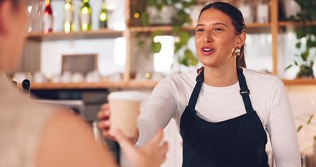 Image showing Drink, barista or customer order at cafe for service or help payment on retail counter at coffee shop. Serving, waitress or woman in small business restaurant giving cup to client at checkout or work