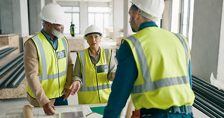 Image showing Meeting, discussion and team of construction workers in collaboration for building renovation. Industry, civil engineering and group of contractors talking for project development planning on site.