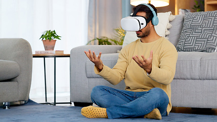 Image showing Lounge, virtual reality glasses and man with connection, gaming and headphones with stress relief. Person, home or player with esports, online gaming or VR eyewear with metaverse, futuristic or relax