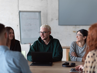 Image showing A diverse group of business professionals gathered at a modern office for a productive and inclusive meeting