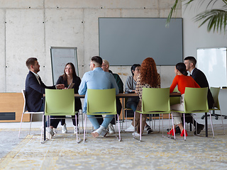 Image showing A diverse group of business professionals gathered at a modern office for a productive and inclusive meeting