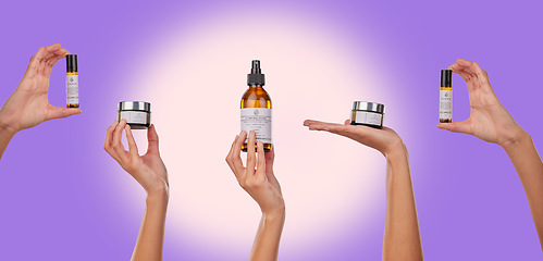 Image showing Skincare, hands and woman in studio with product, beauty and cosmetics on purple background. Bottle, container and model show skin, dermatology or selection, wellness or essential oil care or cream