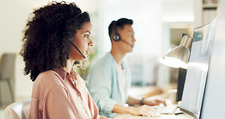 Image showing Telemarketing, black woman and crm worker on a consultation at call center with computer. Consultant, employee and discussion of office and agency sale communication with customer support on web