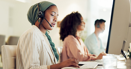 Image showing Telemarketing, black woman and contact us worker on a consultation at call center with computer. Consultant, employee and discussion of office and agency communication with customer support on web