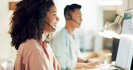 Image showing Telemarketing, black woman and smile of contact us worker on a consultation at call center with computer. Consultant, employee and discussion of office and agency work with customer support on web