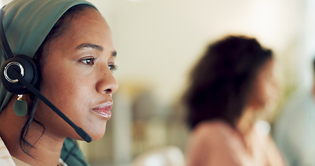 Image showing Telemarketing, black woman and contact us worker on a consultation at call center working. Consultant, tech employee and crm sale consulting at office with agency work and customer support on web