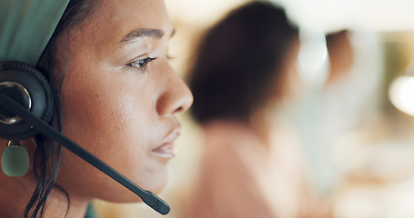 Image showing Telemarketing, black woman and face closeup of contact us worker on consultation at call center with computer. Consultant, employee and female person in office with agency work with customer support