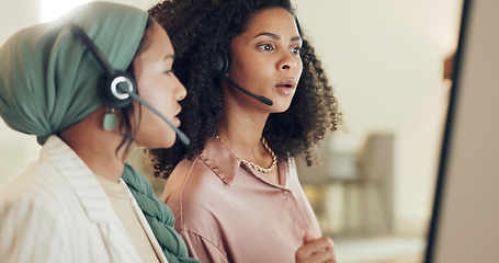 Image showing Call center women, computer and together for coaching with error, glitch and thinking for problem solving. CRM teamwork, ideas and solution for customer service, telemarketing or tech support at job