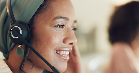 Image showing Telemarketing, black woman and smile closeup of contact us worker on a consultation at call center. Consultant, employee and office work with crm agency communication and customer support on web