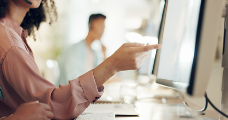 Image showing Pointing, computer or hand of woman in call center speaking, communication or talking on mic. Customer services closeup, blurry screen or virtual assistant in conversation in technical support office