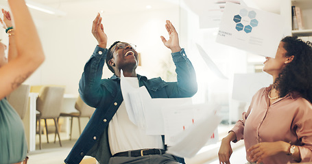 Image showing Meeting, man celebration and paper in air with yes success in business office with bonus and motivation from deal. Happy, excited and group with company growth, target goal and document confetti