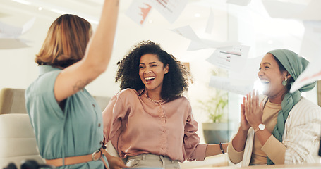 Image showing Meeting, celebration and paper in air with women success in business office with applause and motivation from deal. Happy, excited and group with company growth, target goal and document confetti