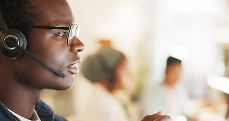 Image showing Call center, consulting and space with black man in office for contact us, communication and customer service. Salesman, help desk and technical support with person in crm agency for agent mockup