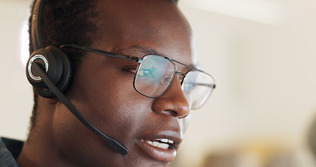 Image showing Call center, consulting and advice with face of black man in office for contact us, communication or customer service. Salesman, help desk and technical support with person in crm agency for advisory